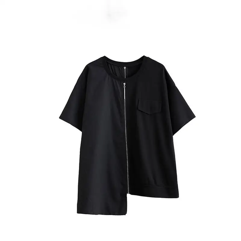 Ladies Short Sleeve T-Shirt Summer New Classic Dark Personality Asymmetric Stitching Zipper Design Loose Size Half Sleeve