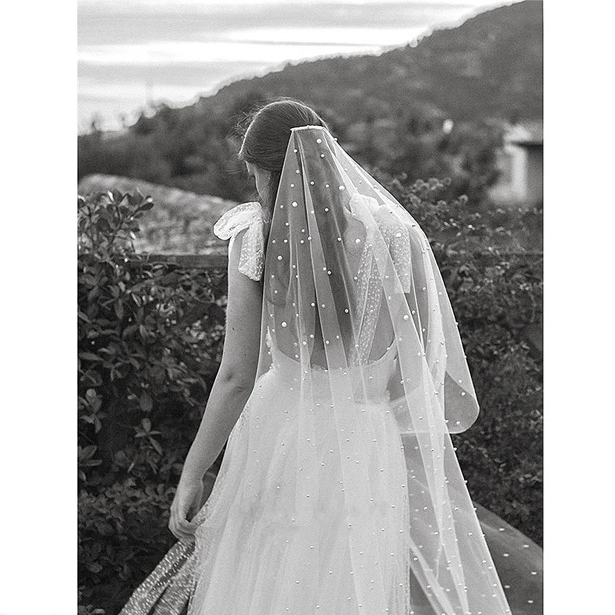 Velo de novia largo con perlas de tul, velo de novia con peine, color blanco marfil, 2020