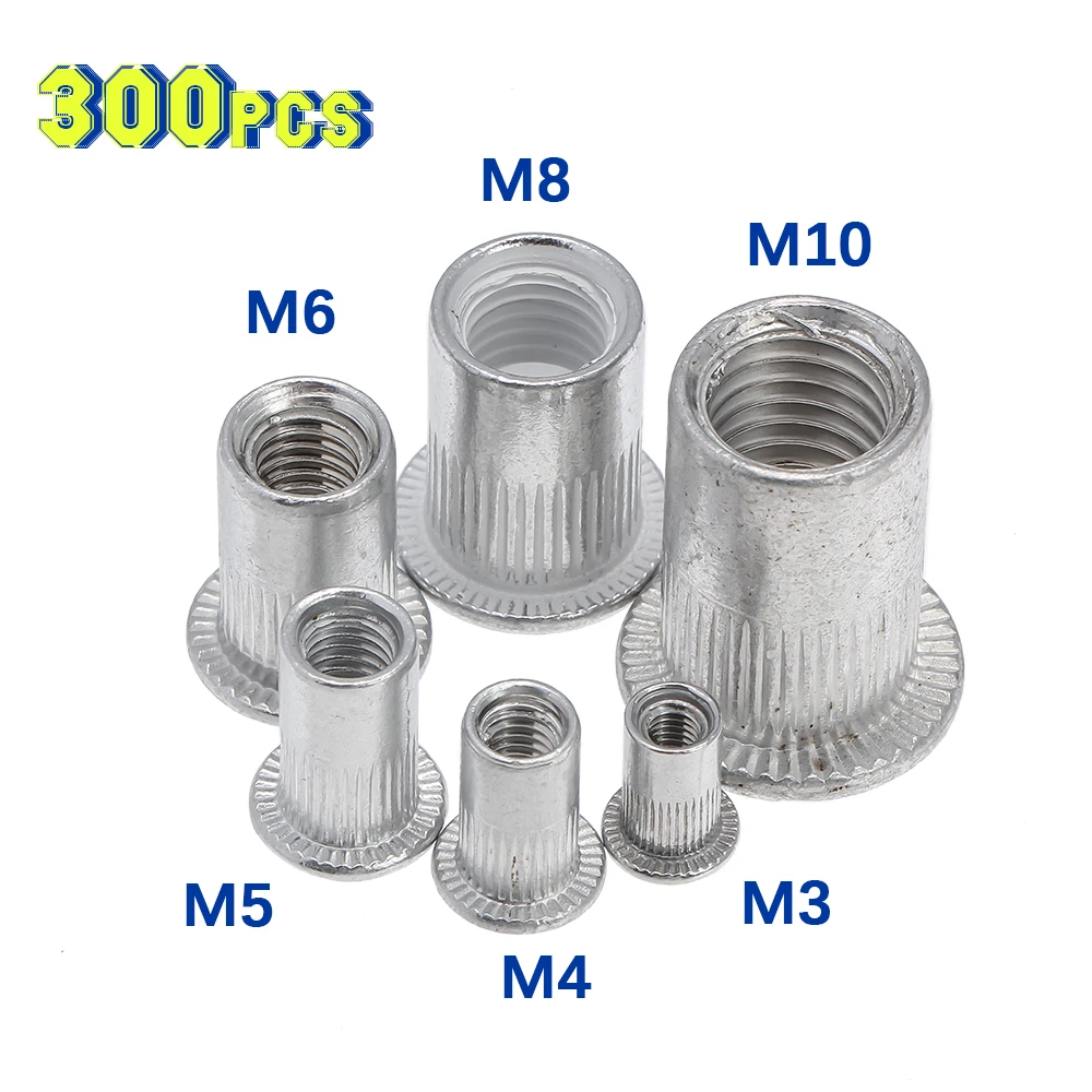 300Pcs M3 M4 M6 M8 M10 Flat Head Rivet Nuts Set Aluminum Alloy Rivet Nuts Nut Insert Riveting Set