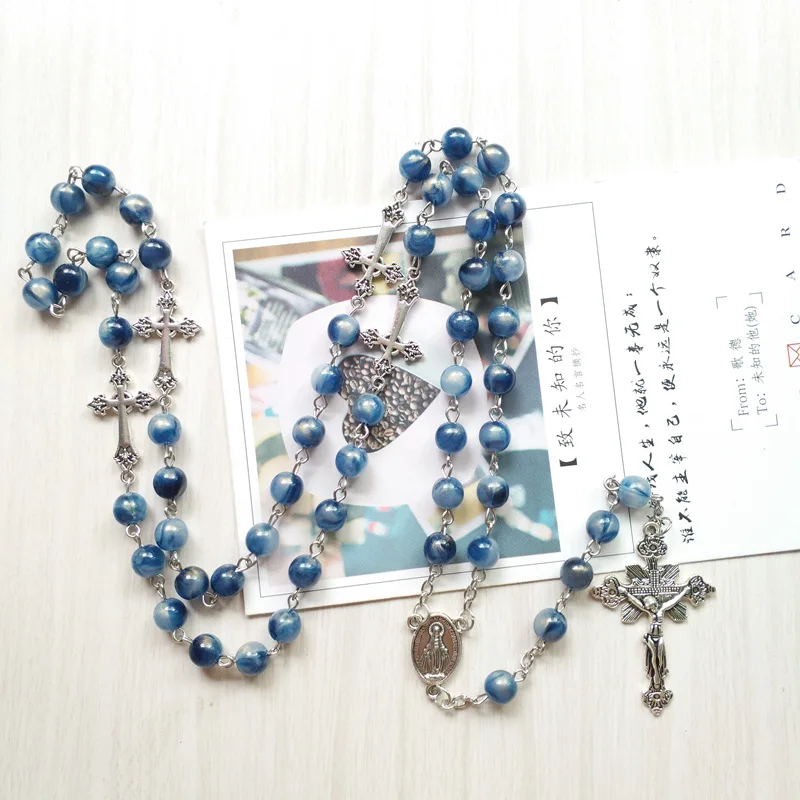 QIGO Blue Acrylic Rosary Necklace Long Cross Pendant Catholic Necklace Religious Jewelry For Men Women