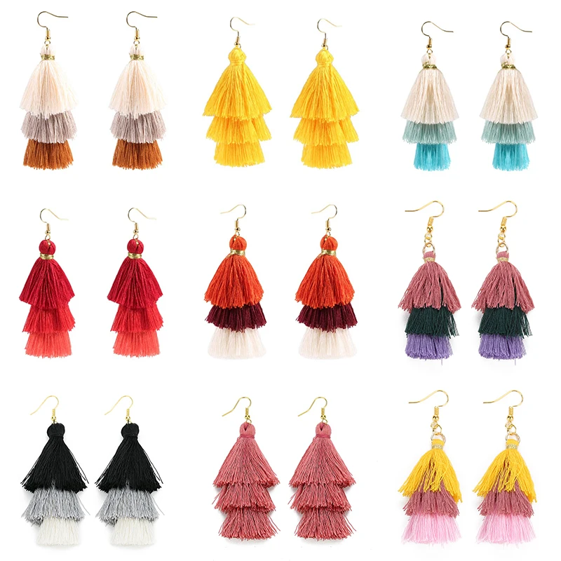 Pendientes con flecos bohemios de 3 capas para mujer, aretes largos con flecos, joyería Bohemia a la moda, 2020, 2020