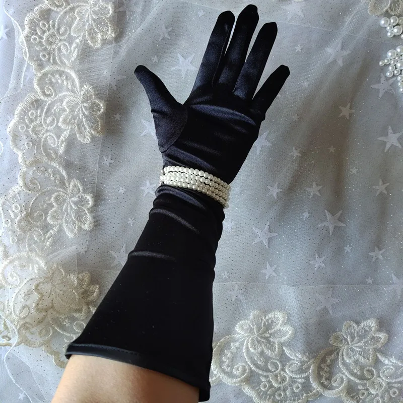 1 Pair Bride Bridal Wedding Gloves Black White Long Beaded Satin Gloves Elegant For Women Finger Gants Mariage Luvas De Noiva