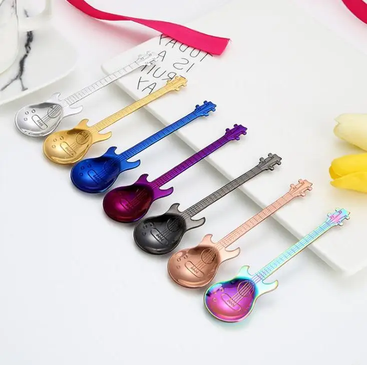 Dhl 500pcs High Quality Stainless Steel Spoon Coffee Guitar Shape Music Theme Tea Stirring Spoon Ice Cream Dessert Scoop