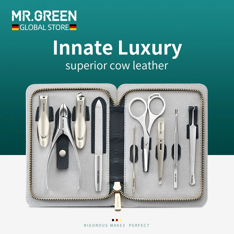 MR.GREEN Manicure Set Surgical Grade Scissors Stainless nail clipper Kit full grain cow leather package Pedicure Innate Luxury