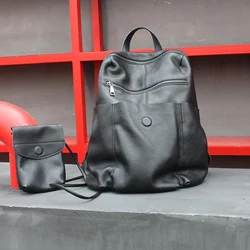 Vintage Genuine Cow Leather Anti-theft Travel Backpack with Extra Purse Casual School Bag Mochila for Men And Women