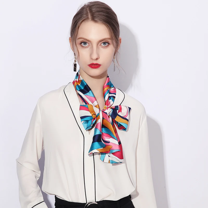 Fashion Eruo Double Side Printing Striped Small Long Satin Silk Scarf For Women Luxury Brand Ladies Neck Scarf Work Neckerchiefs