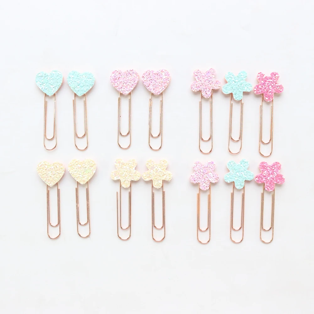 Domikee cute candy glitter love heart flower office school paper clips bookmark set student girls metal memo clips stationery