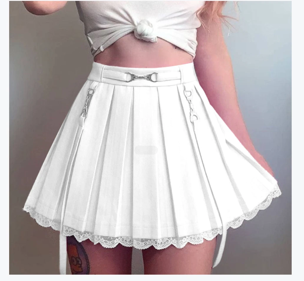 Y2K Women Goth Harakuju Lace Trim Mini Pleated Skirt Ruffle High Waist Skirt Lolita Punk Style Academia Aesthetic Streetwear