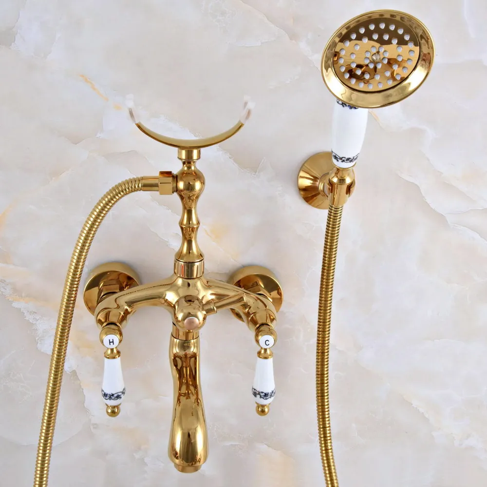 Polished Gold Brass Double Handle Wall Mounted Bathroom Bath Tub Faucet Set with 150CM Hand Held Shower Spray Mixer Tap 2na958