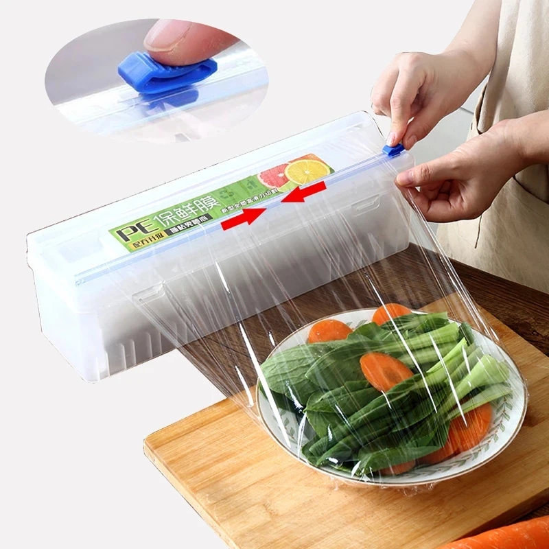 Plastic Food Wrap Dispenser For Kitchen With Slide Cutter Adjustable Cling Film Cutter Preservation Foil Storage Box Kitchen