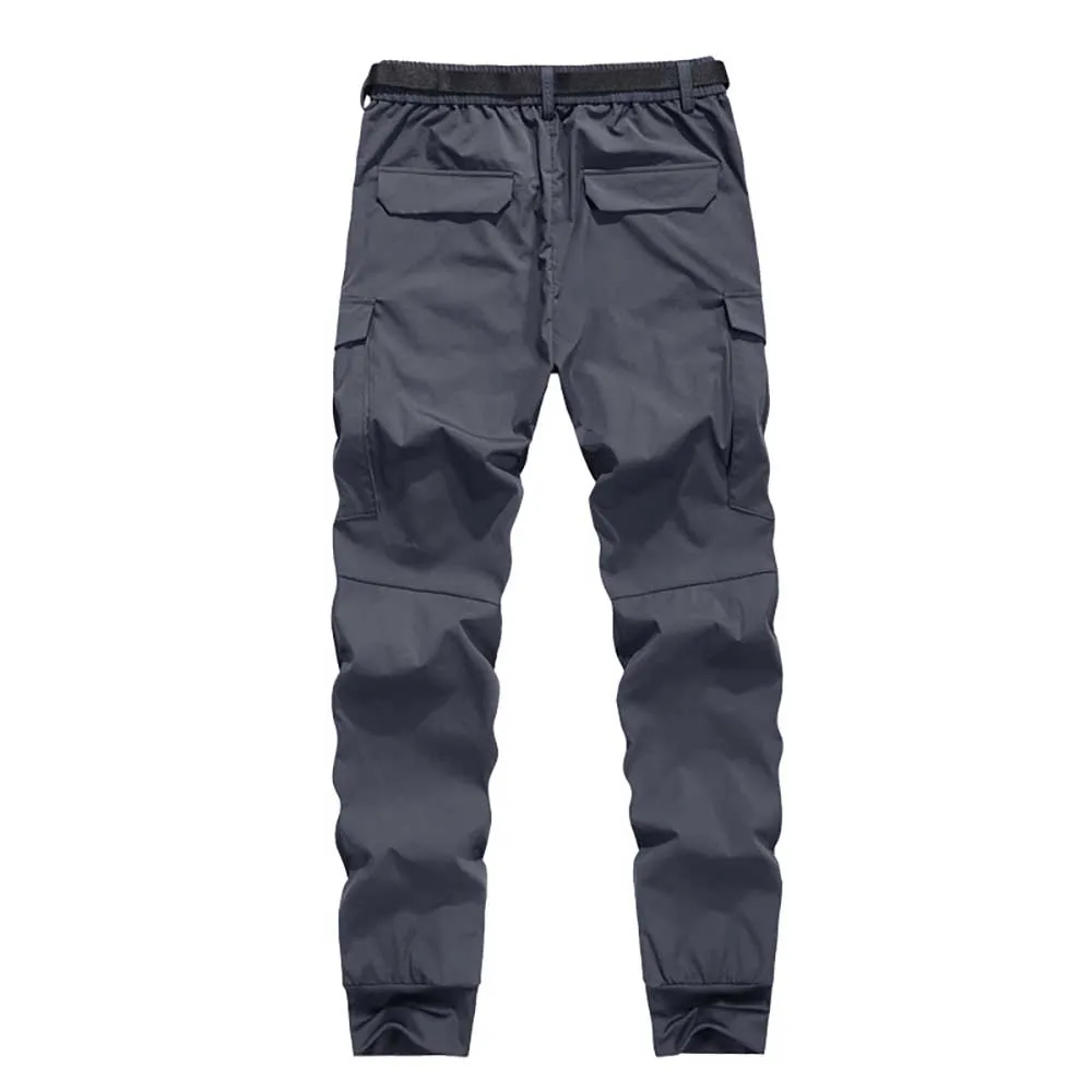 Calça cargo masculina casual, calça leve de poliéster para corrida, cintura elástica e tornozelos com bolsos 3d, para verão e primavera