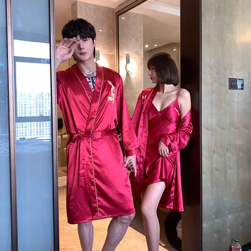 Summer Sexy Satin Silk Robe + Shorts & Robe+Nightdress Pajamas Sets Couple Sleepwear Family Pijama Lover Night Suit