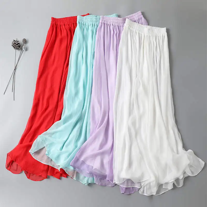 Chiffon Wide Leg Pants Women Drape Straight Loose Summer Pants Women Solid Color Elastic High Waist Beach Bohemia Trousers C8032