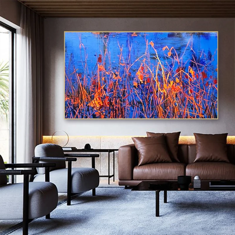 Handpainted Abstract Oil Painting Ultramarine Lotus Pond Night Decoration Painting Living Room Bedroom Mural Flower Oil Painting