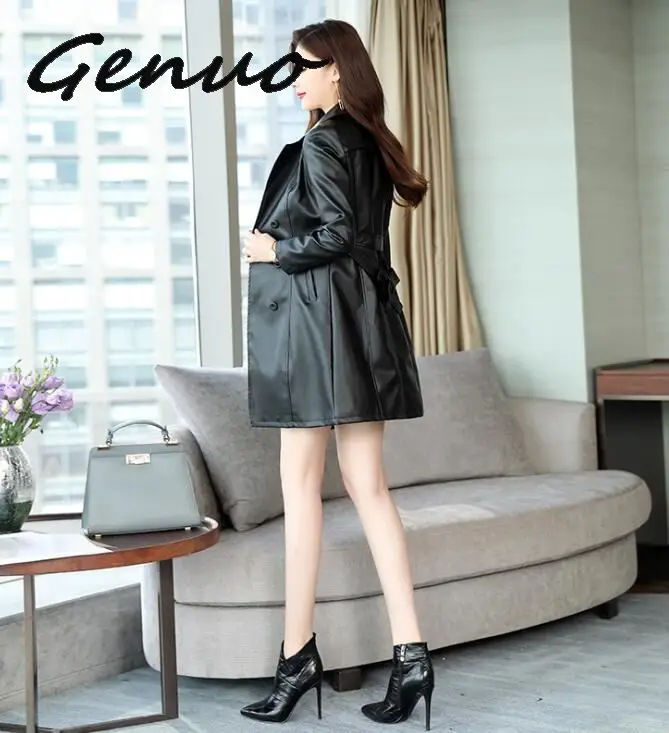 Genuo Women Sheepskin PU Leather Jacket Belt Gothic Black Trench Free Wash Autumn Winter Double-breasted  Cotton Coat