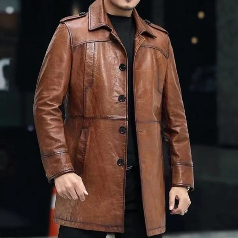 Sheepskin Trench Coat Mens Genuine Leather Long Turn-Down Collar Single Breasted Solid Business Casual Autumn New Outerwear