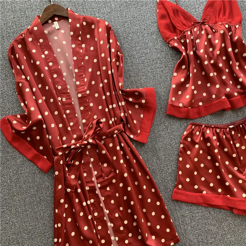 Pyjama en Imitation soie pour femmes, ensemble quatre pièces, avec robe en dentelle suspendue, Sexy, à manches longues, vêtements de maison, nouvelle collection printemps été