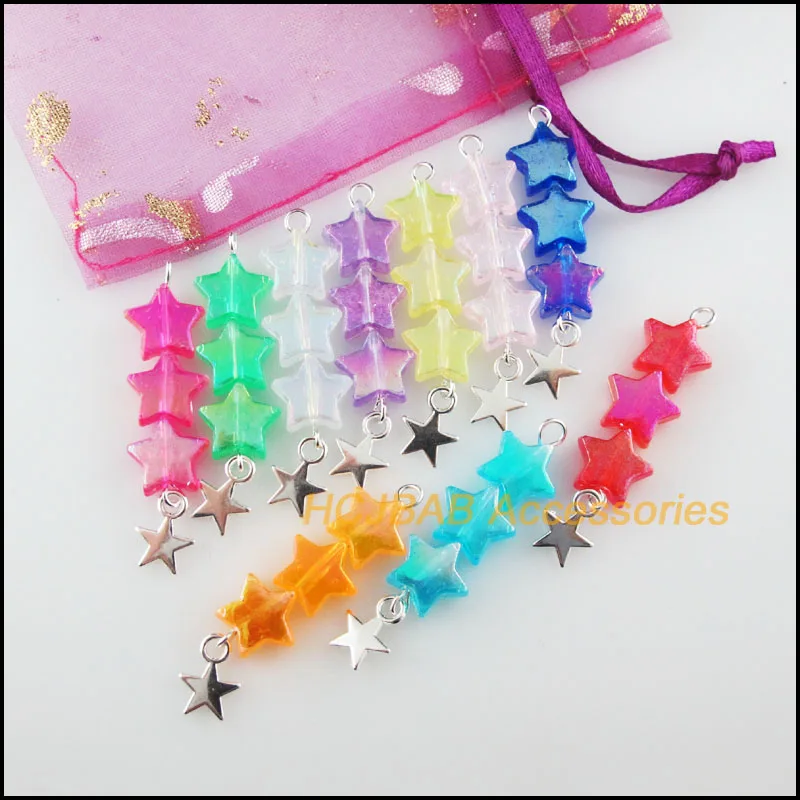 20New Mixed Star Beads Charms Acrylic & Tiny Star Silver Plated Pendants Retro 11x44mm