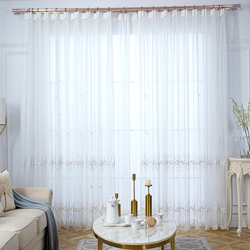 White Korean Embroidered Tulle Curtains for Living Room Blue Sheer Curtains For Bedroom Window Drapes S121&C