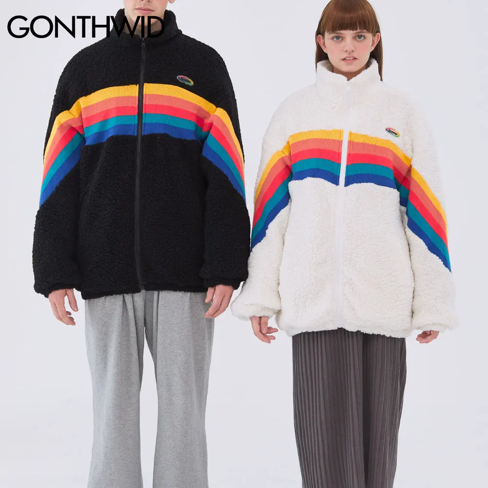 Gonthwid Fleece Parka Jassen Regenboog Kleur Blok Patchwork Rits Katoen Gevoerde Jassen Winter Dikke Warm Hiphop Harajuku Tops