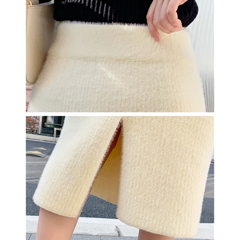 Autumn Winter High Waist Midi Skirts For Women Casual Streetwear Package Hip Bodycon Knitted Skirt Split Gray Black Jupe Femme