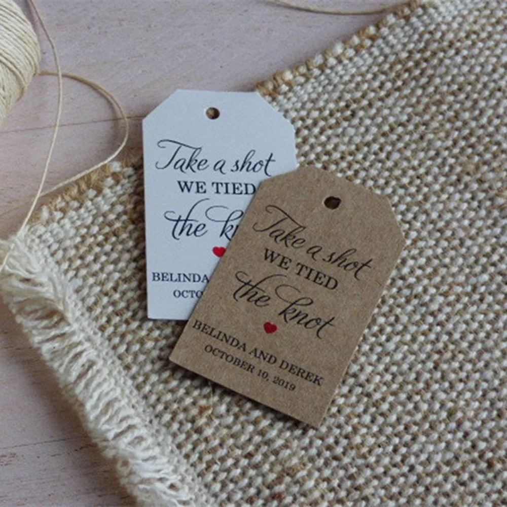 Personalised Wedding gift tags  customized name language Bridal shower bachelor Take a Shot we Tied the Knot lables