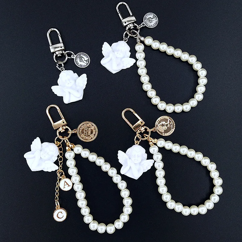 Vintage Baroque Pearl Angel Wing Keychain For Women Girls Bag Airpods Key Ring Trinket Gifts Jewellery Bijoux Ornament Boutique