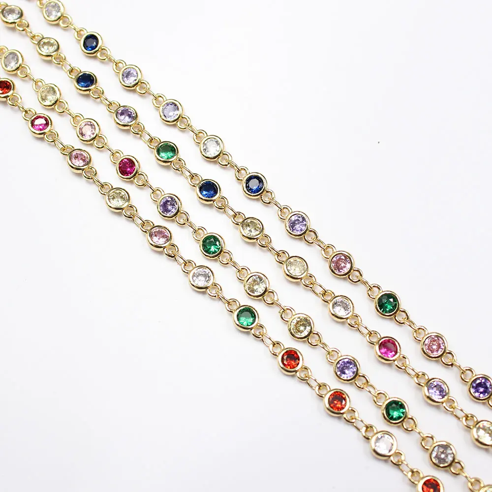 APDGG  1 Meter Bezel Set 4mm Mix color CZ Yellow Gold Plated Copper Fashion Chain Paperclip Neck Chain Pearl Jewelry Making DIY