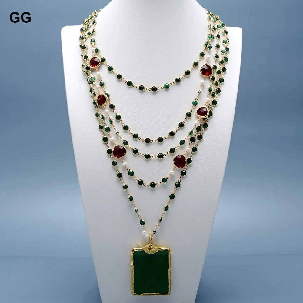 G-G 5 Rows Natural White Pearl Red Crystal Bezel Green Chain Statement Necklace Jade Pendant