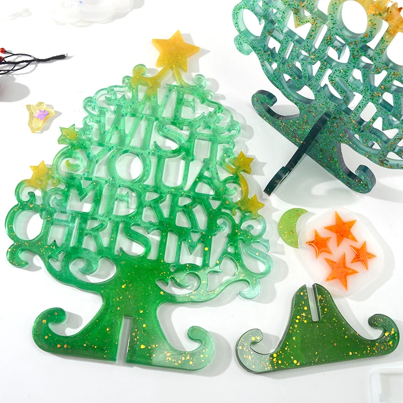 Molde de silicona con forma de árbol de Navidad, Resina Epoxi, letras de Feliz Navidad, Resina Epoxi para manualidades DIY