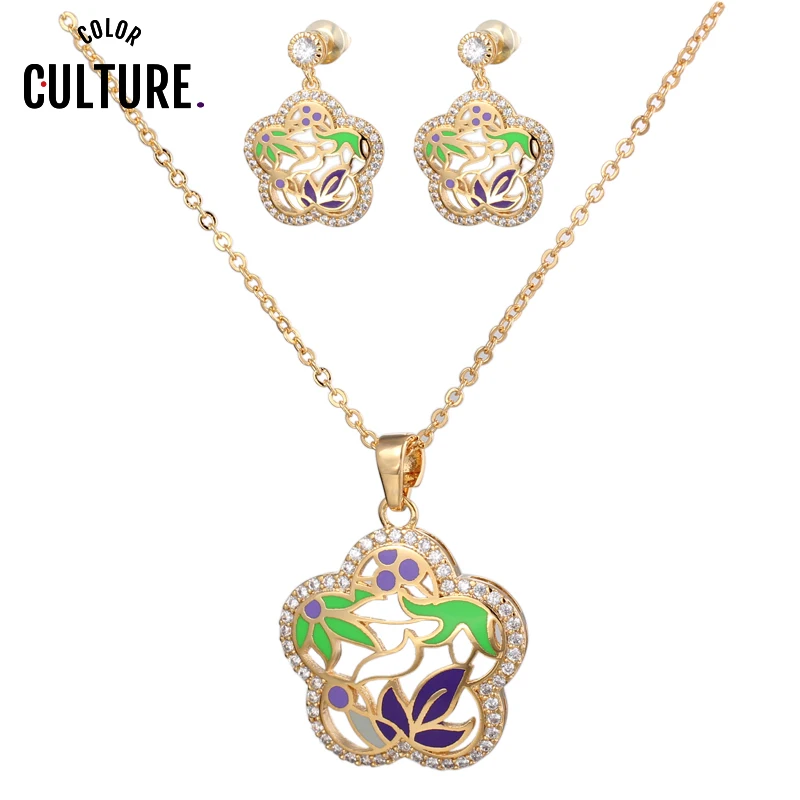 

New Top Gold Color Flower Jewelry Set Multicolor Cubic Zircon Pendant/Earrings/Ring Women High Quality Copper Necklace