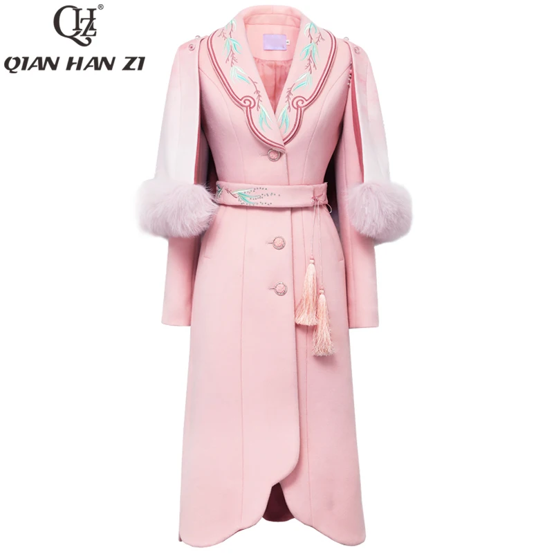 

Qian Han Zi runway fashion detachable cloak coat Women High Quality Embroidered belt Slim Elegant pink long coats Warm Overcoat