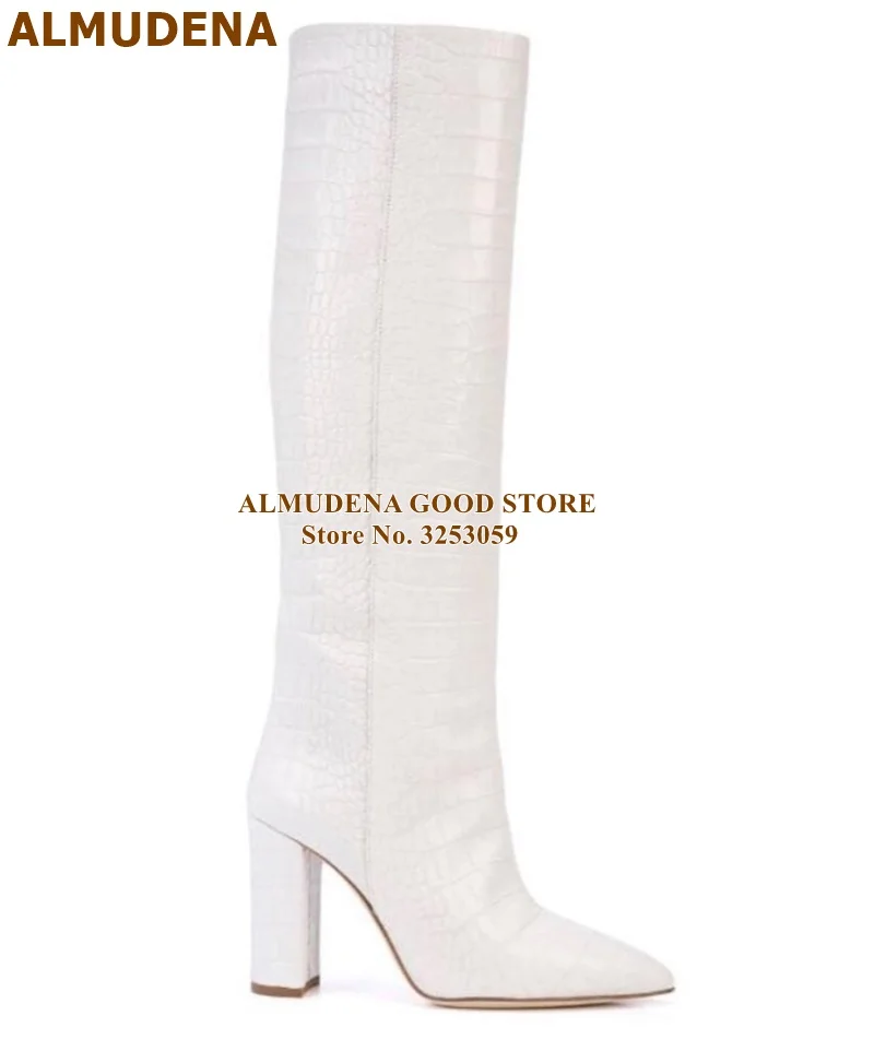 

ALMUDENA White Snakeksin Chunky Heel Knee Boots Pointed Toe Long Dress Boots Fall Winter High Boots Women Gladiator Party Shoes