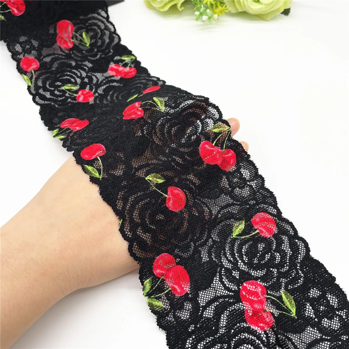 5y/lot Width 11cm Cherry Black Narrow Stretch Elastic Lace Trim Garment Sewing Applique Costume Lace Fabric Skirt Material