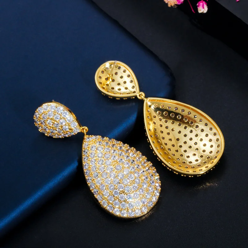 CWWZircons Classic Long Big Water Drop Indian Gold Color Luxury Micro Pave CZ Earrings Dubai Bridal Wedding Jewelry CZ652