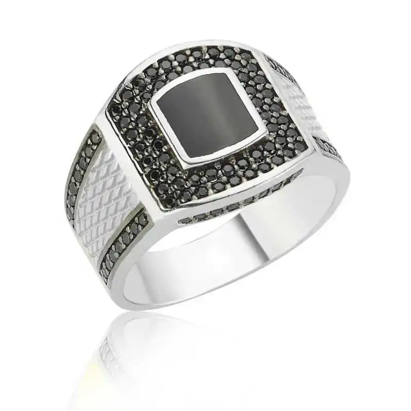 Silver Black Stone Men's Ring - 925 Sterling Men's Jewelry Wedding Birthday Gift - Box - Men - Fashion - Botiva - Size - Turkish - Patterned Embroidery