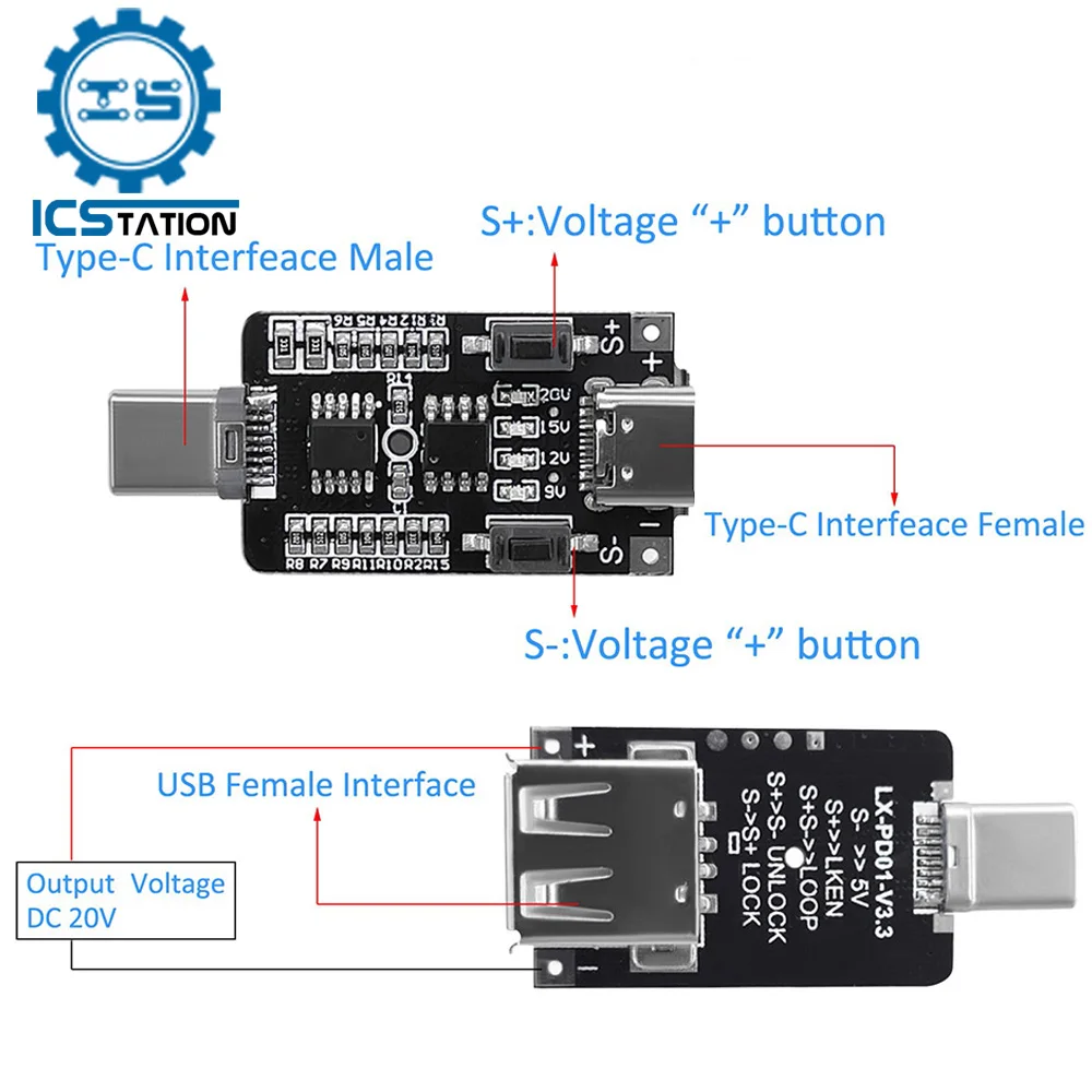 100W 5A USB Type-C PD Decoy Trigger Board 5V 9V 12V 15V 20V Output PD 2.0 3.0 Trigger Adapter Cable Connection Polling Detector