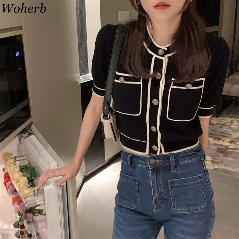 Woherb Stylish Vintage Contrast Color Knitted Cardigan Women 2024 Summer Short Sleeve Thin Female Knitwear Tops Sweater Coat