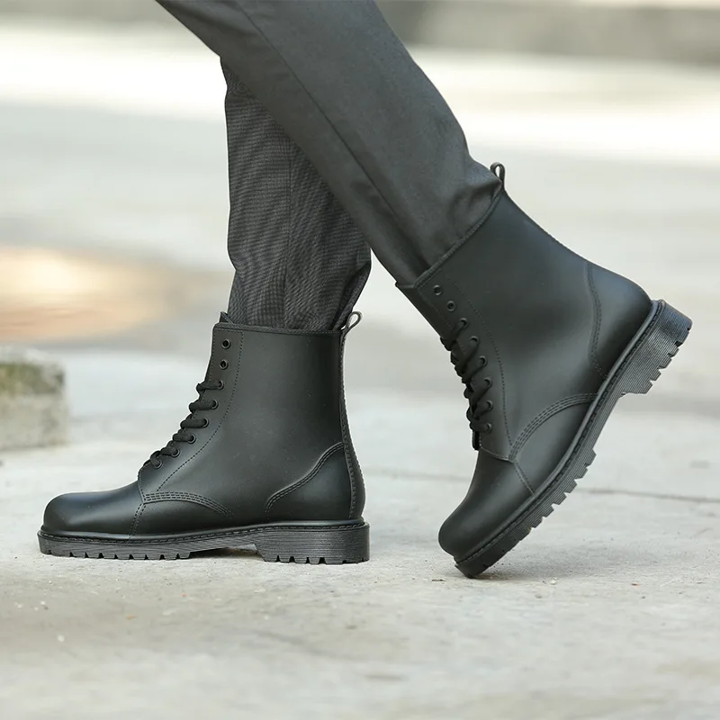 Fashion  Rain Boots Men Round Toe Lace Up Ankle Boots Hard-wearing Rain Shoes for Man Galoshes Waterproof Rubber Booties