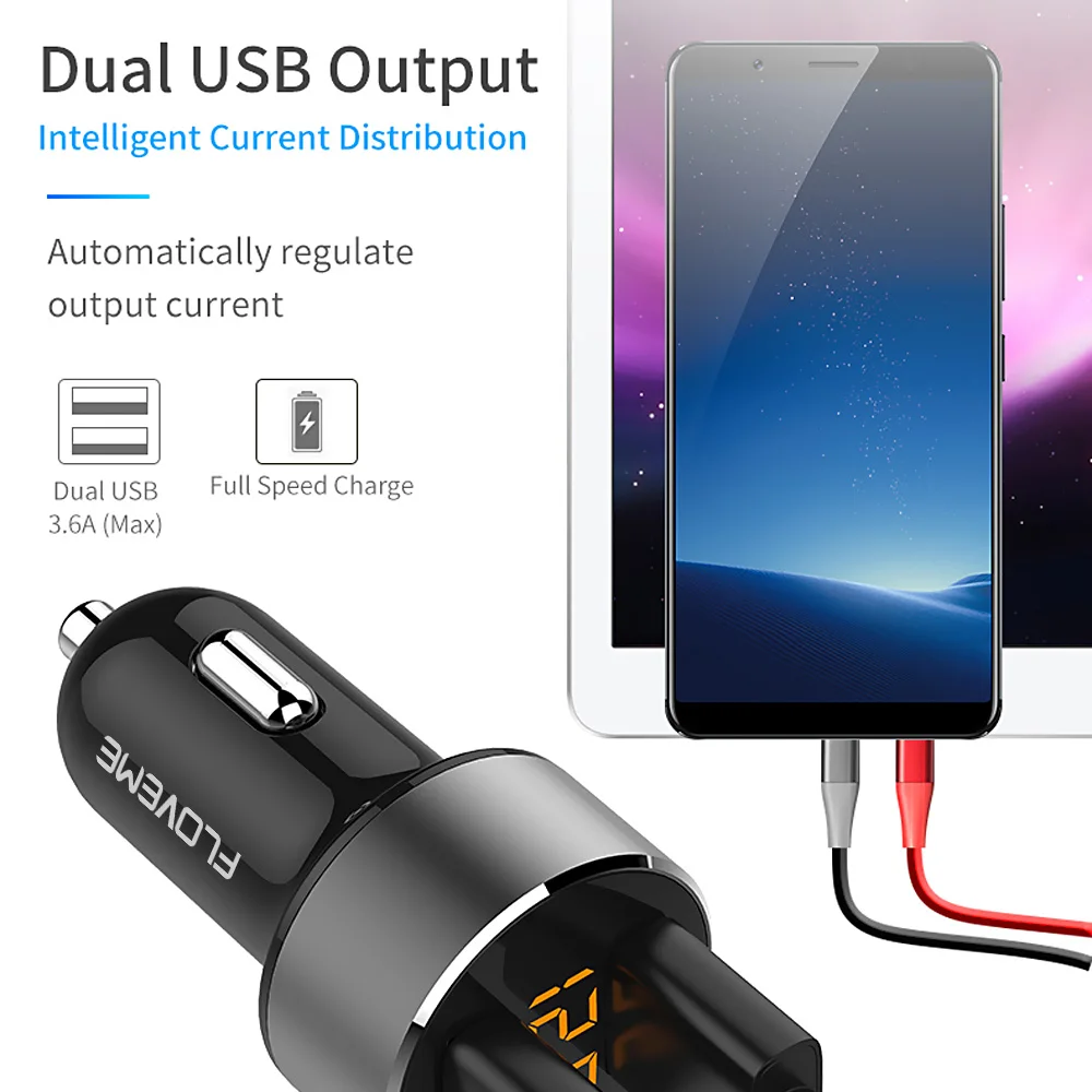FLOVEME Mini ładowarka samochodowa podwójna ładowarka samochodowa USB dla iPhone 7 8 Plus 3.6A 2.4A z wyświetlaczem LED ładowarka samochodowa USB do telefonu komórkowego