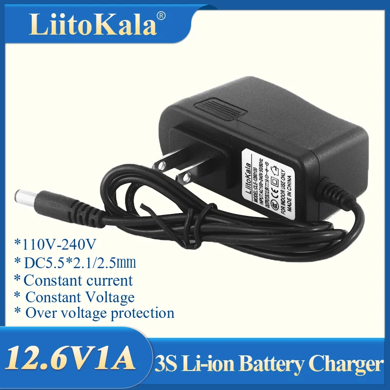 LiitoKala 12.6V 1A Lithium Battery Charger 18650/Polymer Battery Pack 100-240V EU/US Plug Charger With Wire Lead DC 5.5*2.5mm