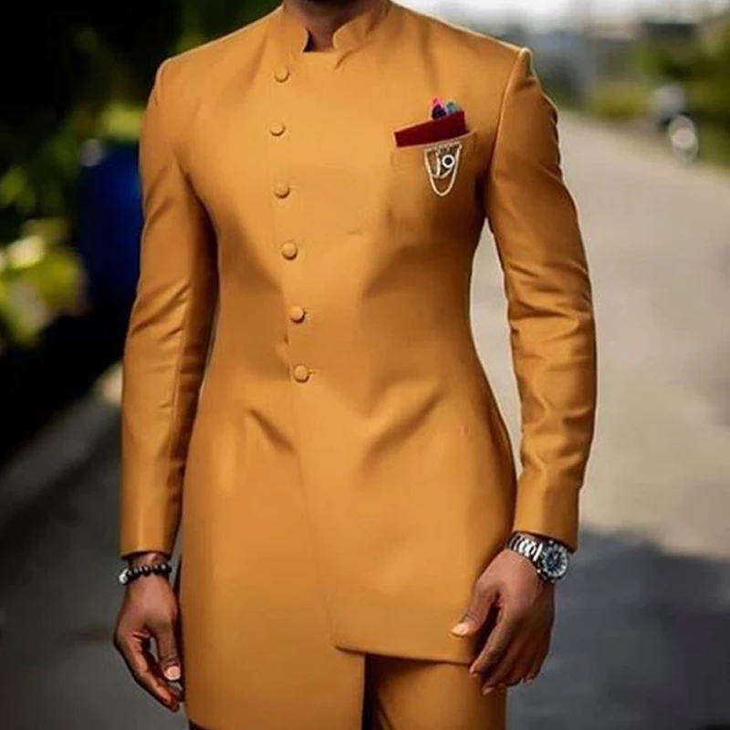 Brown Men Suit with Stand Collar 2 Piece Formal Wedding Groom Tuxedo Fashion Casual Business Male Suit Slim (Blazer+Pants)