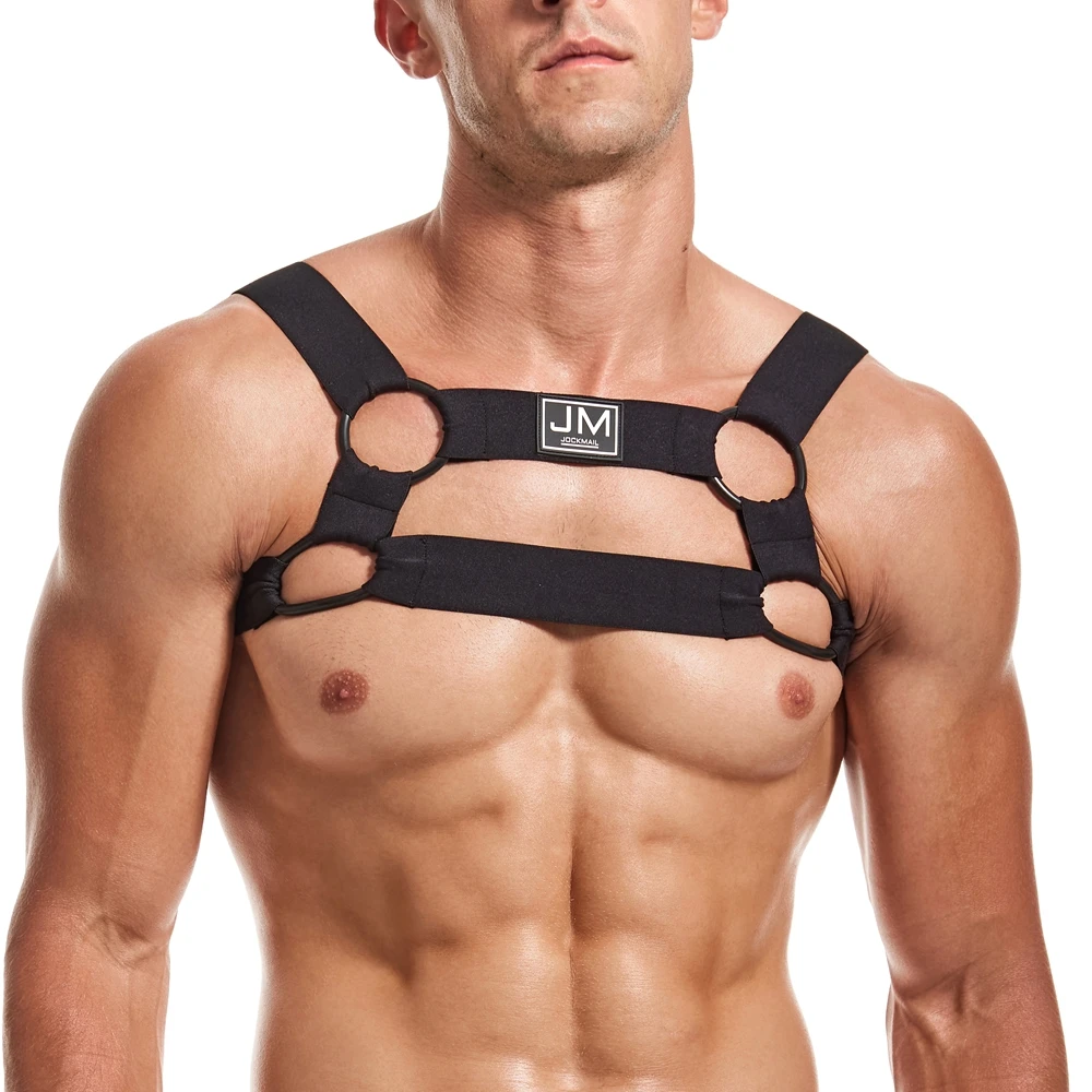 JOCKMAIL Brand Men Elastic Body Chest Harness Sexy Bondage Lingerie with Armband Shoulder Straps Leg Ring Clubwear Stage Costume