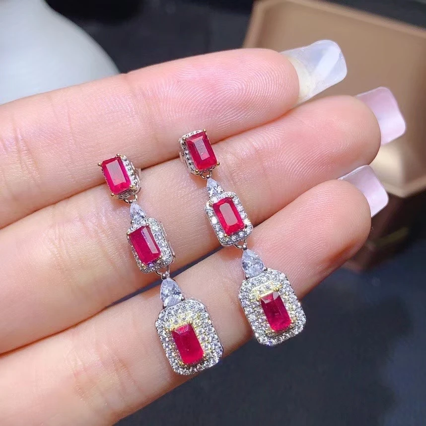 KJJEAXCMY fine jewelry 925 sterling silver inlaid natural ruby Girls' fashion trendy square earrings eardrop support detection