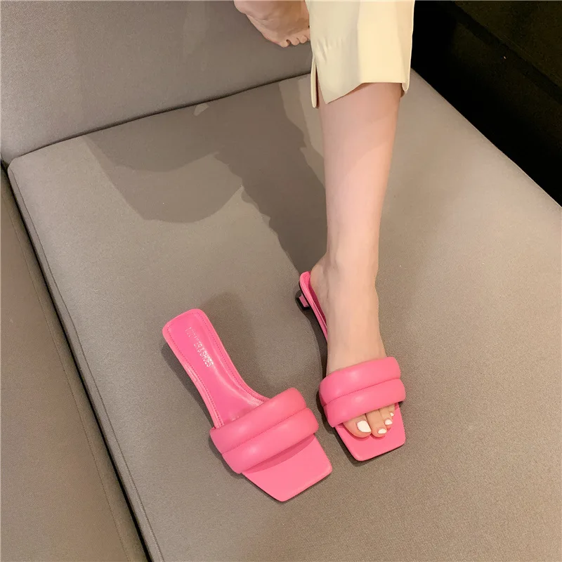 Square heel Shoes Woman 2024 Female Slippers Low Heeled Mules Candy Colors Block New High Slides Rome Rubber PU Basic Fabric Sca