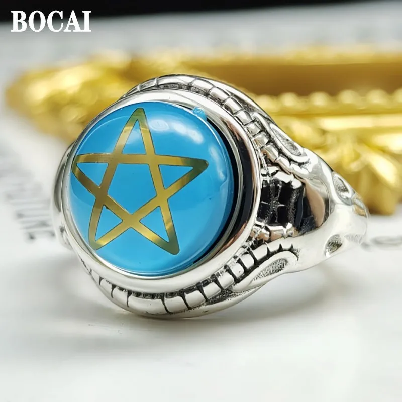 

BOCAI New Solid S925 Sterling Silver Jewelry Pentagram Inlaid Zircon Retro Personality Punk Trend Men And Women Ring