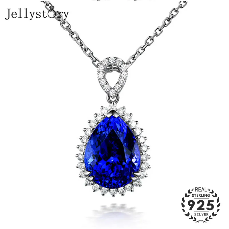 Jellystory Fashion 925 Sterling Silver Necklace with Water Drop Shape Sapphire Zircon Gemstone Pendant for Women Wedding Jewelry