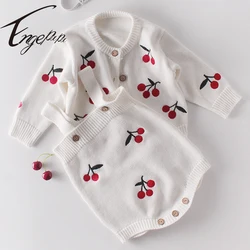 Engepapa Lovely Sweet Style Toddler Girls Clothing Set Cherry Embroidery Knitted Cardigan+Rompers Baby Girls Clothes Set