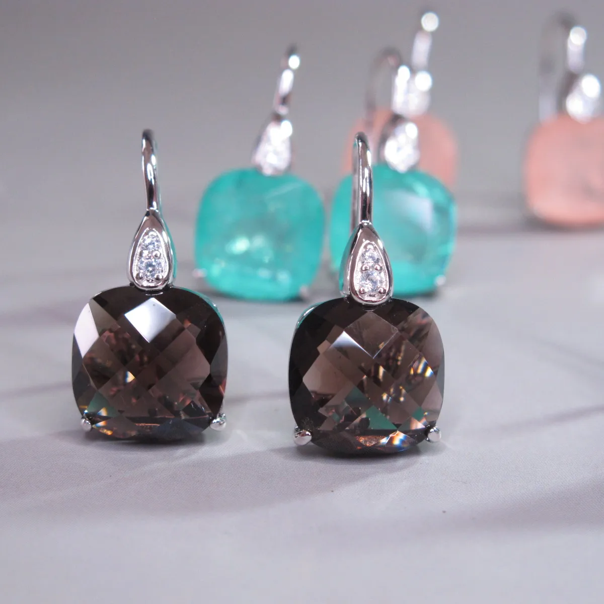 KQDANCE S925 Sterling Silver 12mm Lab Smoky Quartz Paraiba Tourmaline Morganite Emerald Gemstone Crystal Drop Earrings For Women