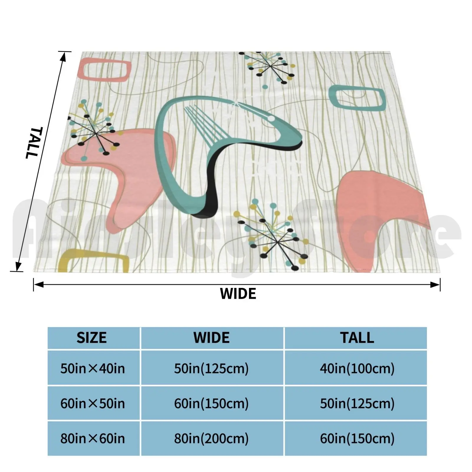 Retro-Era Atomic Inspired 3 Blanket For Sofa Bed Travel 1950s 1960s Atomic Atomic Inspired Barkcloth